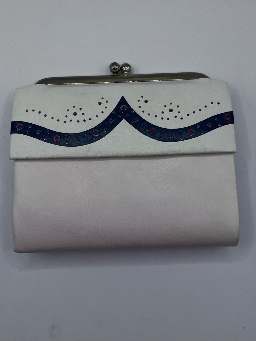 Lady Buxton Norwegian Cowhide White Fold-Over Wallet with Navy and Red Accents